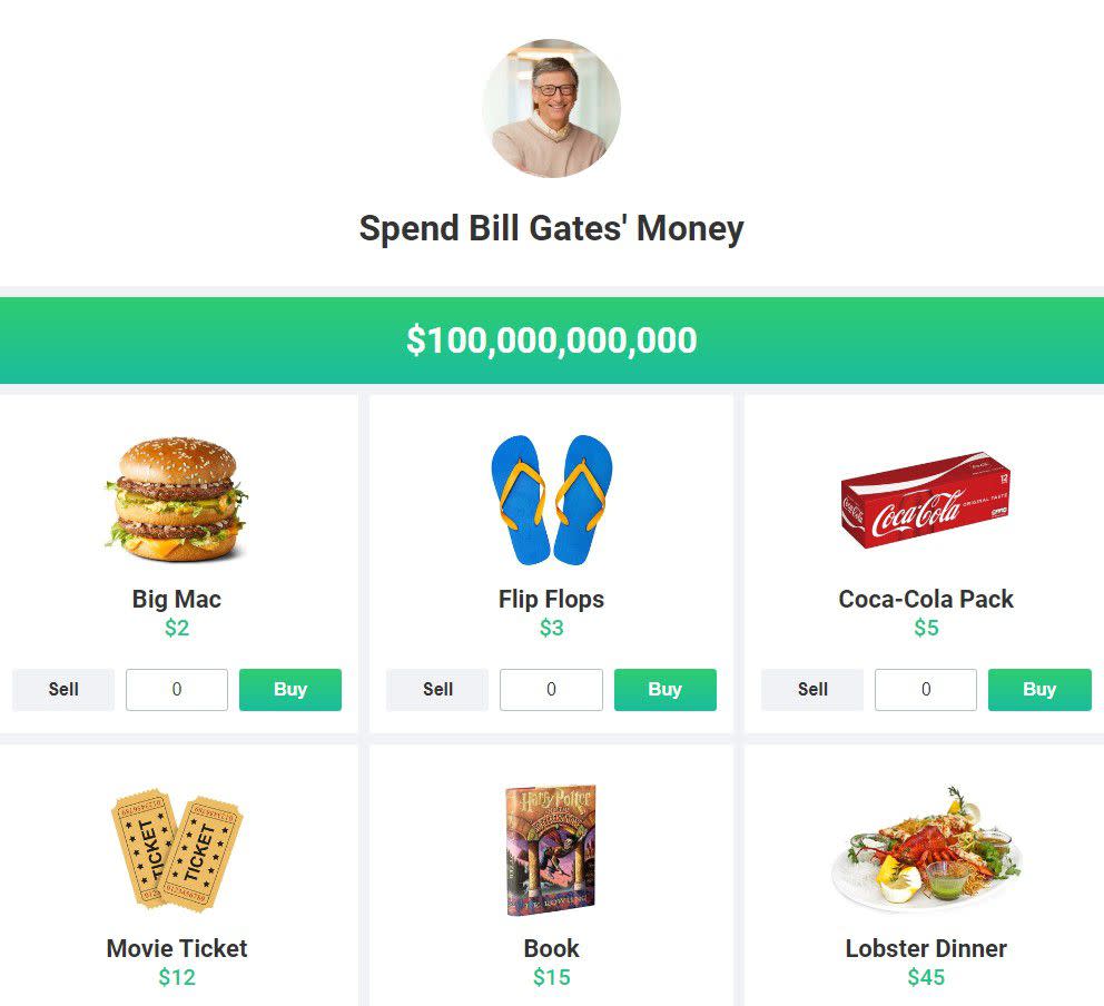 Screenshot of web browser game "Spend Bill Gates' Money"