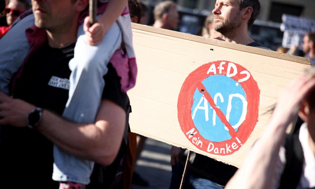 <span>A sign in the crowd at a protest for democracy in Berlin last weekend.</span><span>Photograph: Liesa Johannssen/Reuters</span>
