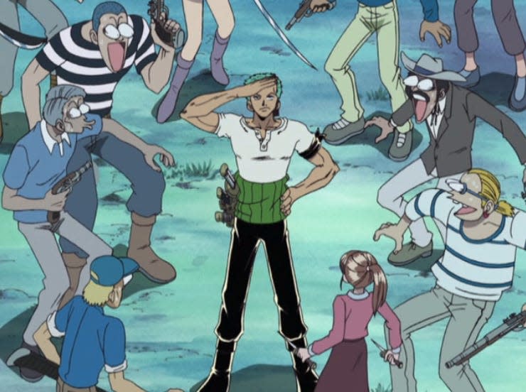 zoro in the one piece anime stands in a crowd of extremely surprised people holding assorted weapons 