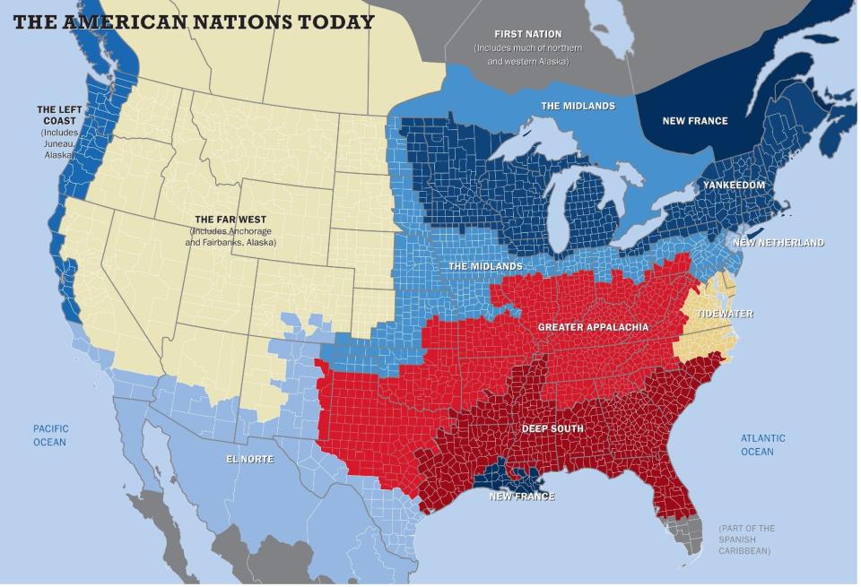 This map comes from Colin Woodard’s research found in his “American Nations: A History of the Eleven Rival Regional Cultures of North America.” York County sits in the “Midlands.” To locate York County, find the body of water under “Tidewater.” That’s the Chesapeake Bay. Then move north in  the bay, find the Mason-Dixon Line in the light blue “Midlands” region. York County is the large triangular shaped county. Notice the proximity of York County to three other regions: Greater Appalachia, Tidewater and Yankeedom.