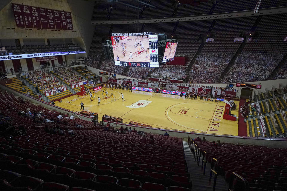 In this photo taken on Wednesday, Feb. 17, 2021, Indiana plays Minnesota at Assembly Hall during the first half of an NCAA college basketball game, in Bloomington, Ind. Assembly Hall is one of six venues hosting NCAA Tournament games later this week. (AP Photo/Darron Cummings)
