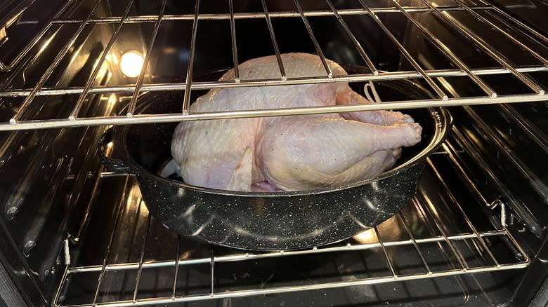 Raw turkey in oven