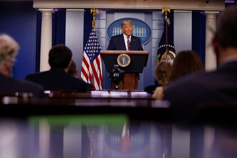 U.S. President Trump speaks to reporters about the 2020 presidential election at the White House in Washington