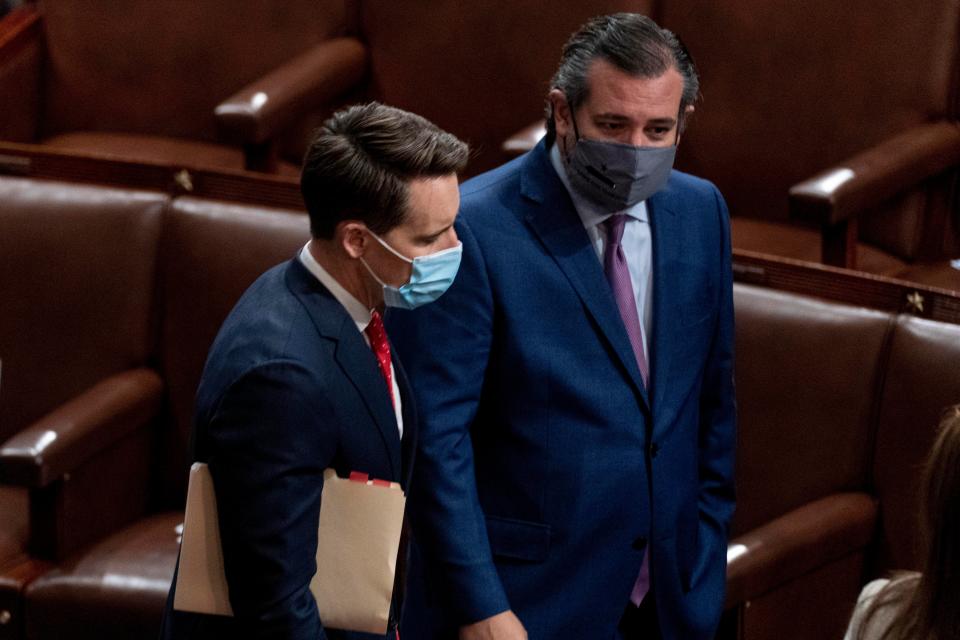 Senators Josh Hawley (left) and Ted Cruz speak after Republicans objected to certifying the Electoral College votes from Arizona (AP)