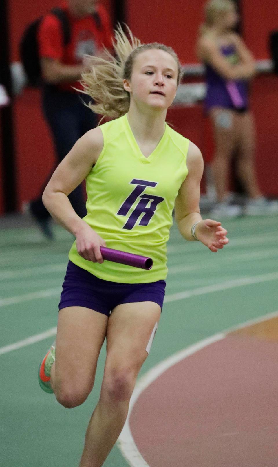 Two Rivers' Mikaela Helling runs the 3,200 relay at the Pam Kjono Invitational indoor track meet, Friday, March 25, 2022, in Manitowoc, Wis.