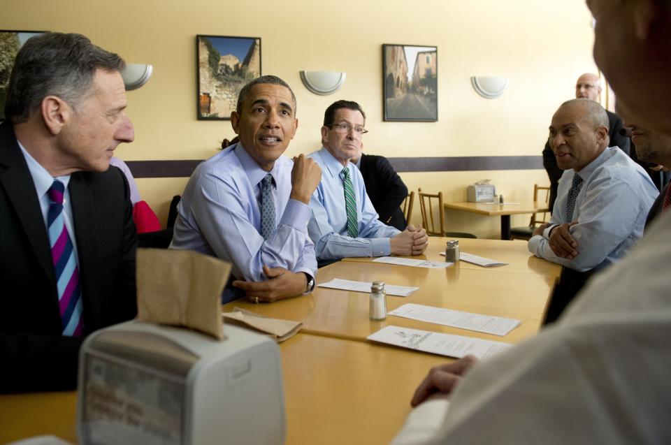 President Barack Obama talks with Northeastern U.S. governors at that time before having lunch at Cafe Beauregard in New Britain, Connecticut, March 5, 2014. Seated alongside Obama were Vermont Gov. Peter Shumlin (left), Connecticut Gov. Dannel Malloy (center-right), Massachusetts Gov. Deval Patrick (right), Rhode Island Gov. Lincoln Chafee and U.S. Labor Secretary Thomas Perez.