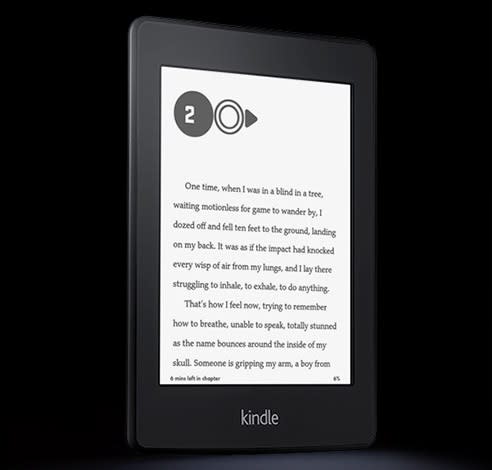 <b>Kindle Paperwhite</b>: Comercializado por Amazon desde noviembre, presenta una pantalla de tinta electrónica táctil con luz integrada. La pantalla es de seis pulgadas con una resolución de 1.024 x768 píxeles, con 212 puntos por pulgada, mientras que el peso es de 213 gramos y cuenta con conectividad wifi y 3G. La batería tiene una duración de ocho semanas de uso regular. Su precio oscila entre los 129 y los 189 euros.