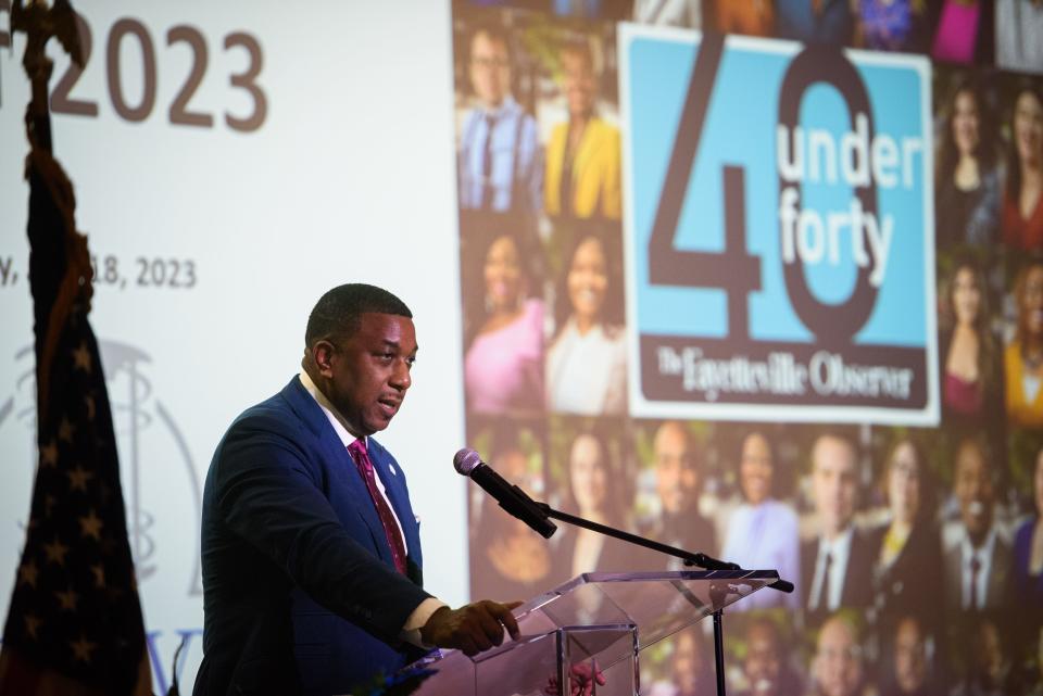 Chancellor Darrell T. Allison speaks at the Fayetteville Observer's 40 Under 40 event at Fayetteville State University on Tuesday, July 18, 2023.