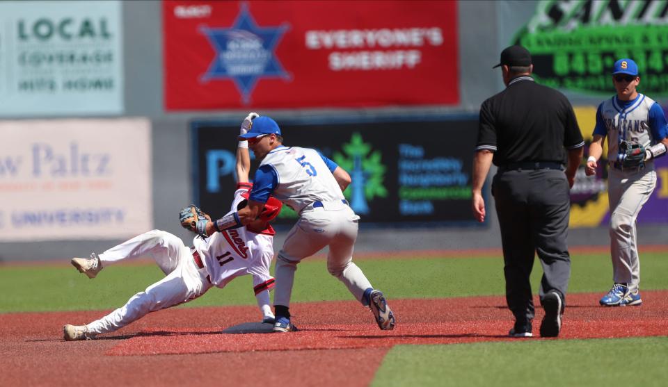 Maine-Endwell's Michael Mancini (5) puts a tag on Somers' Brandon Iorizzo (11) at second during their 4-2 win in the Class A regional final baseball game at Dutchess Stadium in Wappingers Falls, on Saturday, June 4, 2022.