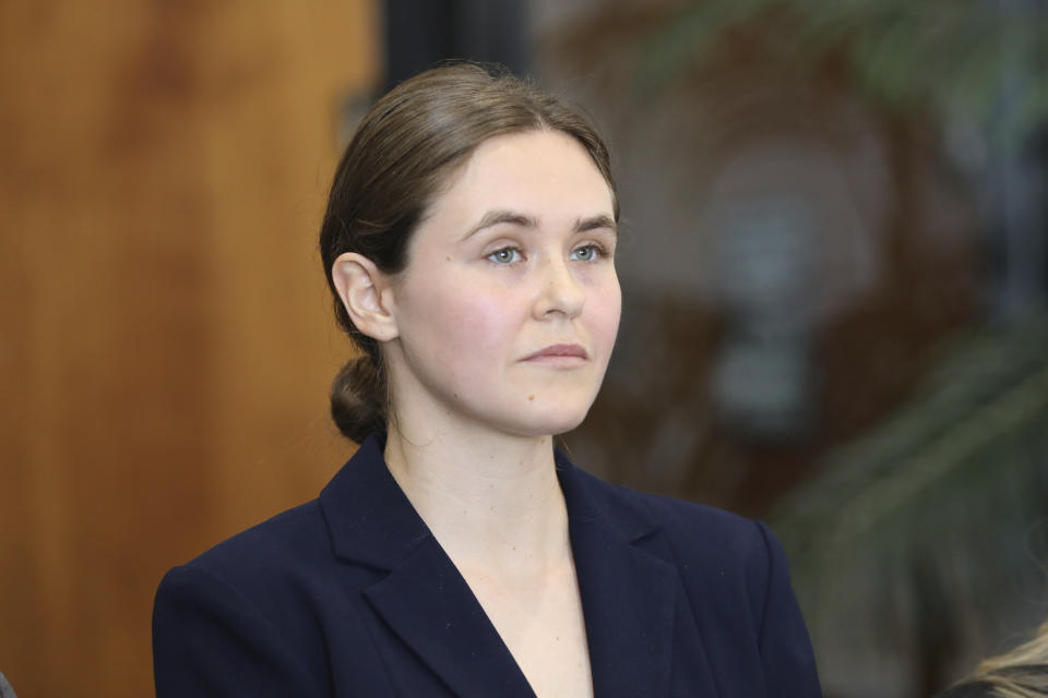 Taylor Shelton,who sued South Carolina over the definition of "heartbeat" under the state's 2023 abortion law, attends a nes conference after her case was argued in court on Thursday, May 2, 2024, in Columbia, S.C. (AP Photo/Jeffrey Collins).