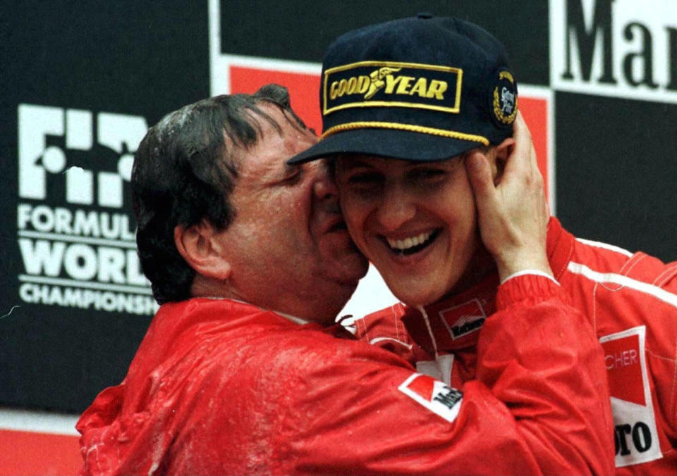 <b>SPAIN 1996</b><br><br> Schumacher's first win for Ferrari, again in the rain, and he lapped the entire field bar the two men on the podium with him - although he was 45 seconds clear of second-placed Alesi. "If anyone had asked me how much I would bet on me winning here, I would have said not one penny," declared Schumacher.