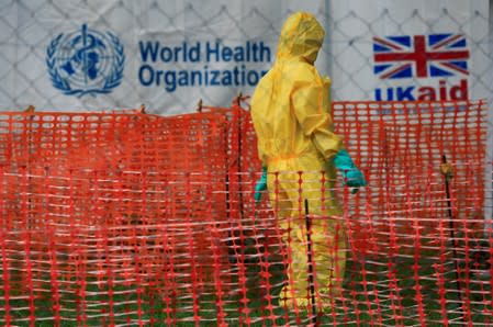 A person dressed in ebola protective apparel is seen inside an ebola care facility at the Bwera general hospital near the border with the Democratic Republic of Congo in Bwera