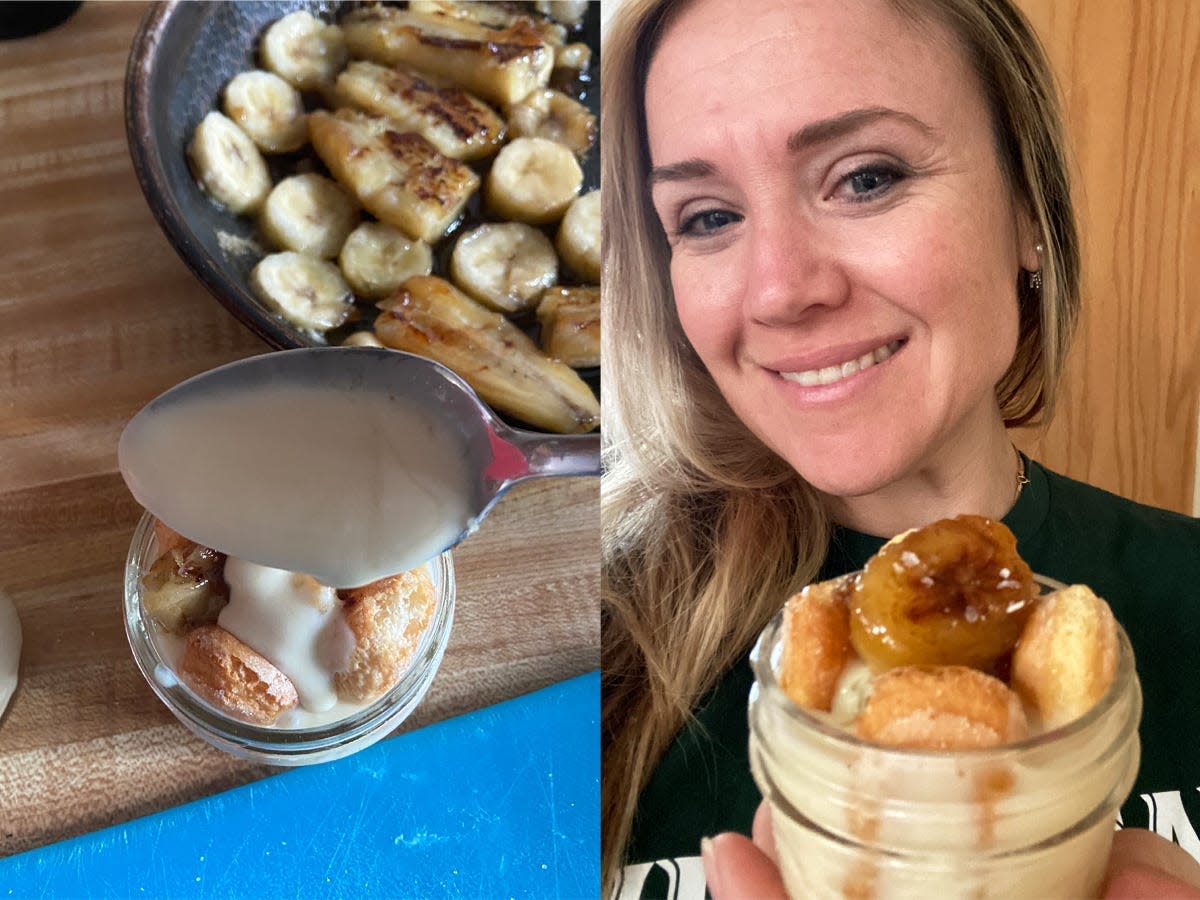 On the left, spoon scooping mixture into caramelized banana cake cup. On the right, the chef holding a mason jar of cake.