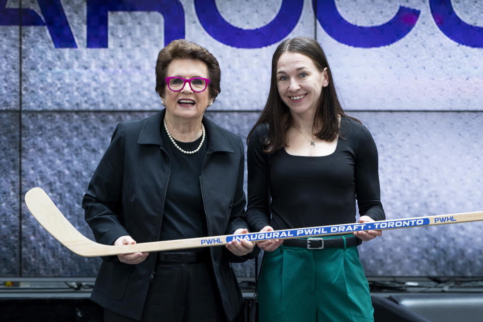 Toronto's Jocelyn Larocque, right, poses for a photo with tennis legend Billie Jean King after being selected second overall in the inaugural Professional Women's Hockey League draft in Toronto, Monday, Sept. 18, 2023. (Spencer Colby/The Canadian Press via AP)