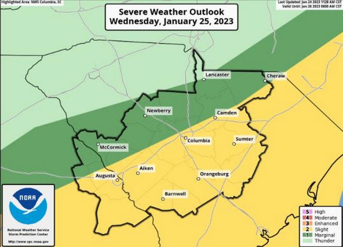 A weather map shows the chances of severe weather affecting South Carolina, including the Midlands.