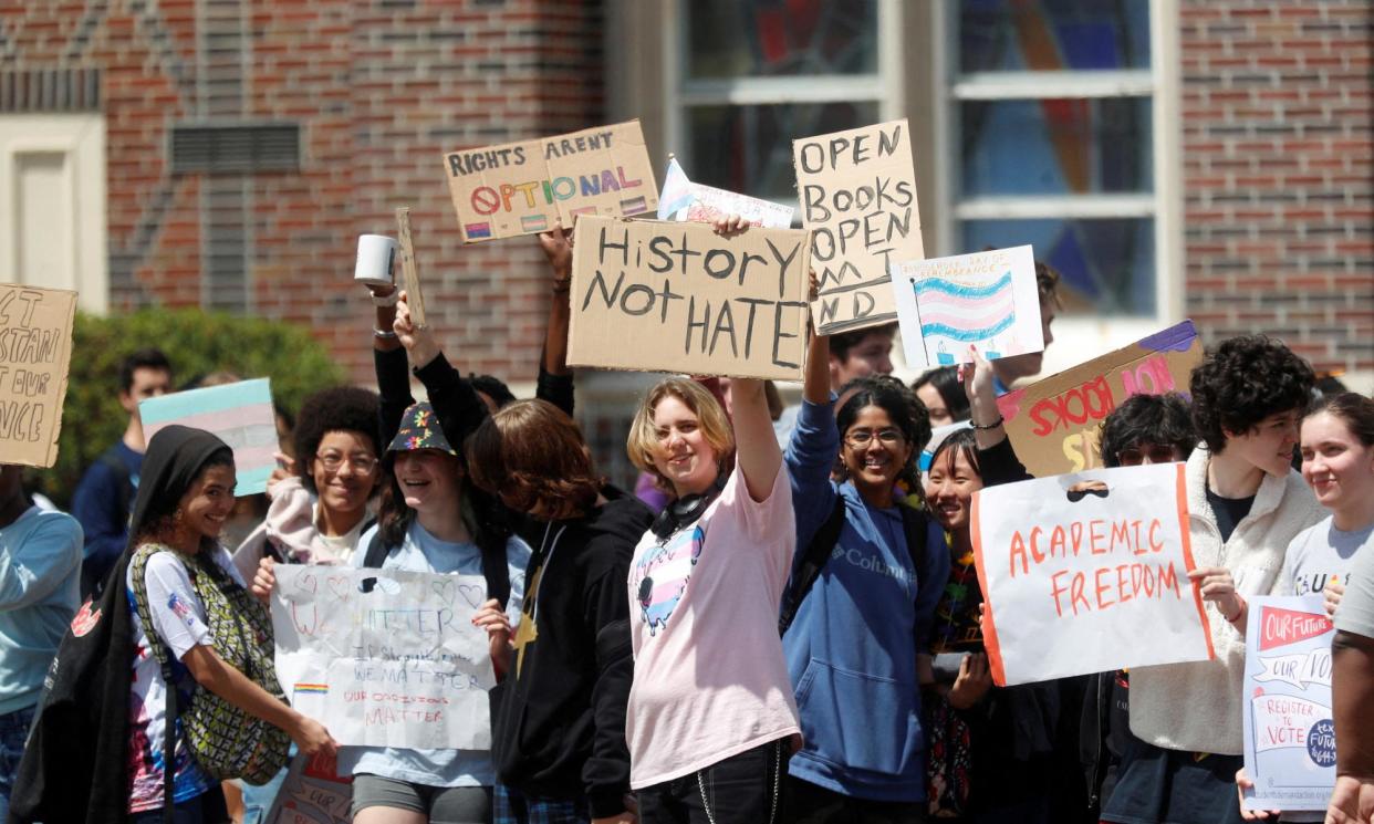 <span>Students protest after Florida education officials voted to ban classroom instruction on gender identity and sexual orientation, in Tampa, Florida, on 21 April 2023.</span><span>Photograph: Octavio Jones/Reuters</span>