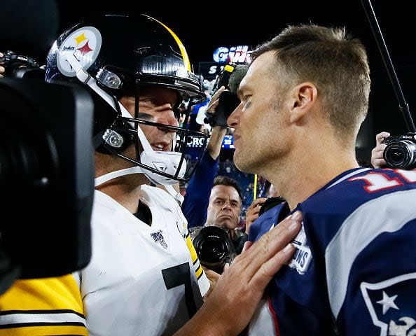 FOXBOROUGH, MA - SEPTEMBER 8: New England Patriots quarterback Tom Brady and Pittsburg Steelers quarterback Ben Roethlisberger shake hands after the Patriots defeated the Steelers 33-3 at Gillette Stadium. The New England Patriots host the Pittsburgh Steelers in the season opener at Gillette Stadium in Foxborough, MA on Sept. 8, 2019. (Photo by Matthew J. Lee/The Boston Globe via Getty Images)