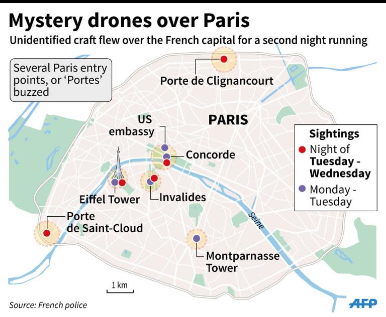 Updated map showing the latest sightings of drones flying over Paris