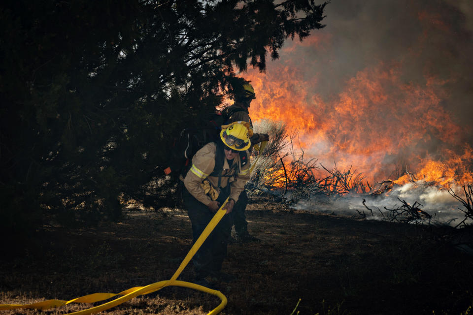 Fire crews battle a hot spot at the Post Fire in northern Los Angeles County on Sunday, June 16, 2024 in Gorman, California. / Credit: Jason Armond / Los Angeles Times via Getty Images