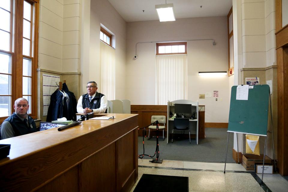 The front lobby of the Rochester District Court is not large enough to accommodate all the patrons that come in. 