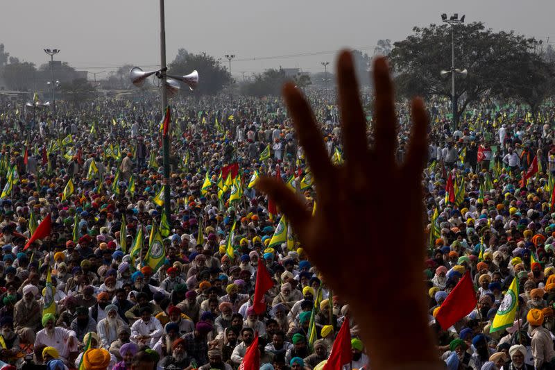 Farmers and agricultural workers attend a rally against farm laws in Barnala