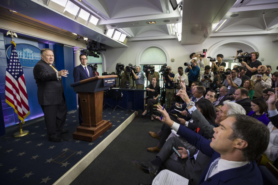 Secretary of State Mike Pompeo and Treasury Secretary Steve Mnuchin answer questions during a briefing on terrorism financing at the White House Tuesday, Sept. 10, 2019, in Washington. (AP Photo/Alex Brandon)