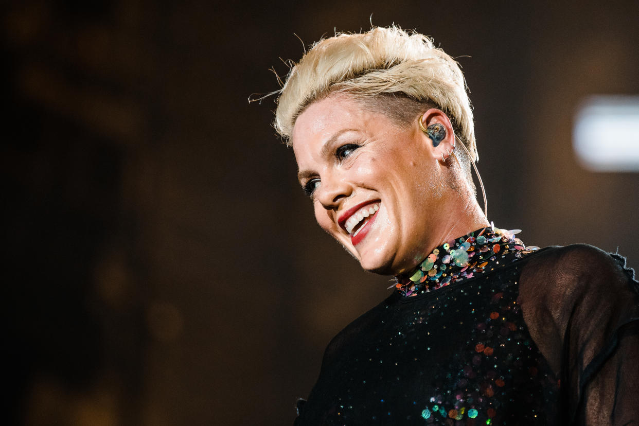 P!nk performs live on stage during day 6 of Rock In Rio Music Festival at Cidade do Rock on October 5, 2019 in Rio de Janeiro, Brazil. (Photo by Mauricio Santana/Getty Images)