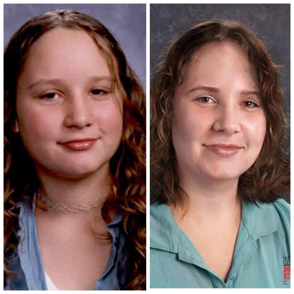 Stacy Rudolph side-by-side photos from when she was abducted as a 12-year-old on Dec. 2, 2000, to age-progressed 23 years.