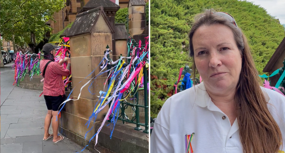 A photo of a survivor tying a ribbon to the gates of St Mary&#x002019;s. A photo of survivor Nicky Davis (right) at St Mary&#x002019;s.