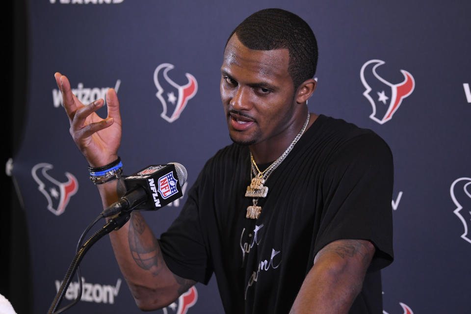 FILE - Houston Texans quarterback Deshaun Watson speaks during a news conference after an NFL football game against the Los Angeles Chargers, Sept. 22, 2019, in Carson, Calif. The NFL suspended Watson for six games on Monday, Aug. 1, 2022 for violating its personal conduct policy following accusations of sexual misconduct made against him by two dozen women in Texas, two people familiar with the decision said. (AP Photo/Mark J. Terrill, File)