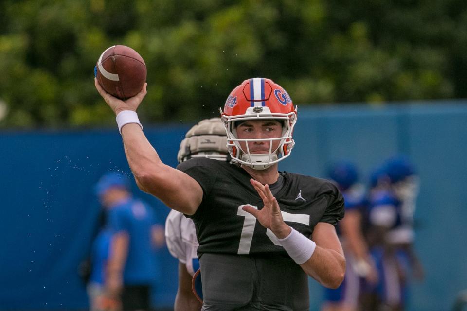 Florida Gators quarterback Graham Mertz (15) throws during morning practice at Sanders Practice Field in Gainesville, FL on Wednesday, August 16, 2023. The Gators take on Utah in Salt Lake City in the opening game of the season August 31.[Alan Youngblood/Gainesville Sun]