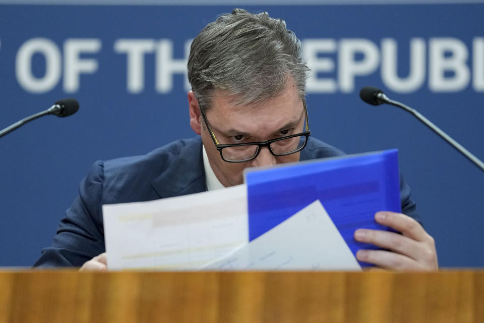 Serbian President Aleksandar Vucic speaks during a public address in Belgrade, Serbia, Friday, Feb. 2, 2024. Serbia will seek an urgent session of the UN Security Council to discuss escalation of crisis in its former province of Kosovo after its government decided to ban the use of the Serbian dinar and introduce the Euro currency in the areas where minority Serbs live, the Serbian president said Friday. (AP Photo/Darko Vojinovic)