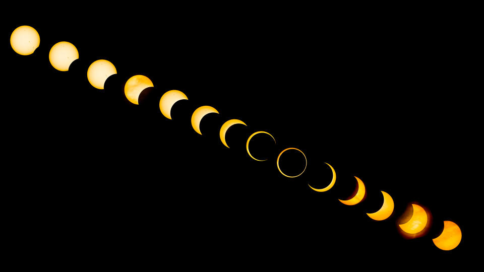 Digital composite view of annular solar eclipse on May 20, 2012. Fourteen separate exposures were made ten minutes apart and combined into one image.