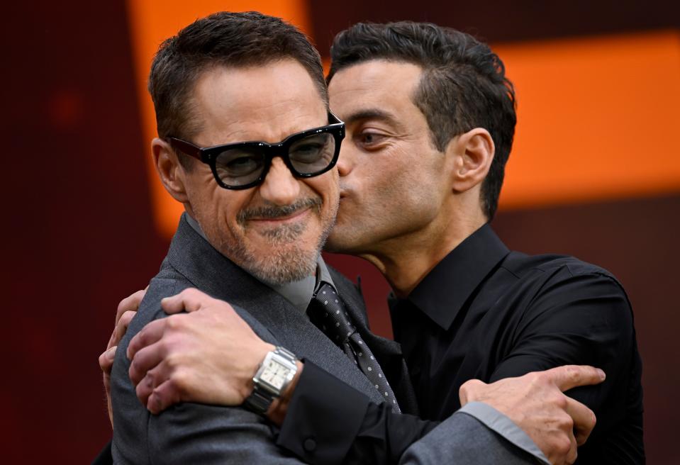 July 13, 2023: Robert Downey Jr. and Rami Malek attend the "Oppenheimer" UK Premiere in London.