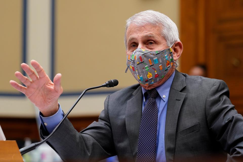 Dr. Anthony Fauci, the nation's top infectious disease expert, responds to a question from Rep. Jim Jordan, R-Ohio, during a House Select Subcommittee hearing on Capitol Hill in Washington, Thursday, April 15, 2021, on the coronavirus crisis.