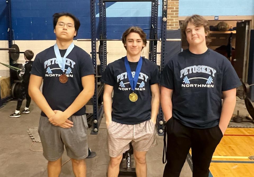 Petoskey recently had four weight lifters compete in the varsity and junior varsity powerlifting state finals, which included (from left) Cayo Vicente, Treaden Gallert Bradley Flynn and Spencer Fettig (missing).