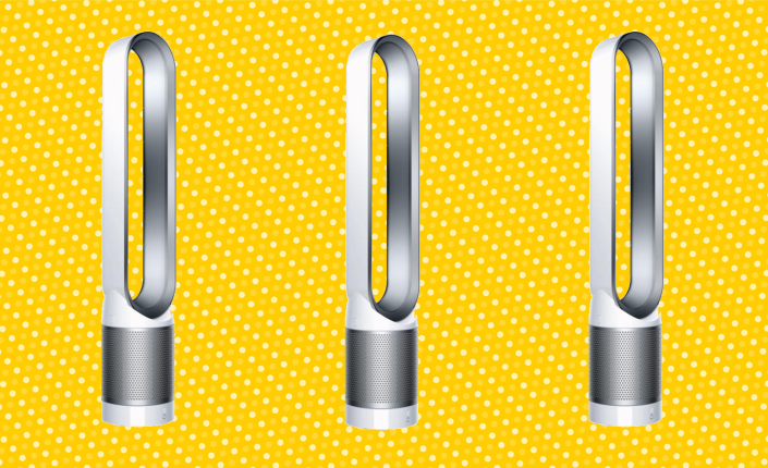 Three Dyson TPO1 tower fans shown on a yellow background. 