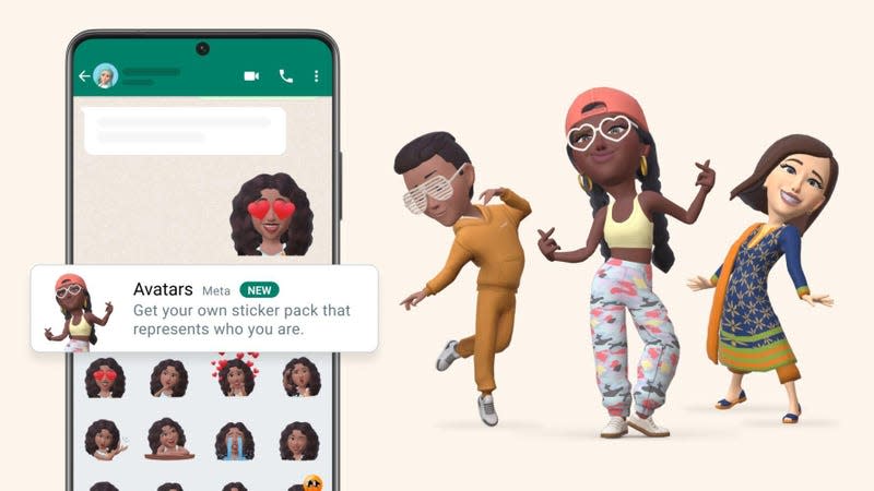 A phone with a set of stickers for WhatsApp avatars next to several figures with large heads wearing various clothing options.