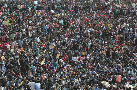 People attend a protest demanding to reverse a Supreme Court ban on the traditional bull-taming contests, known as Jallikattu, at the Marina beach in Chennai, January 19, 2017. REUTERS/Stringer