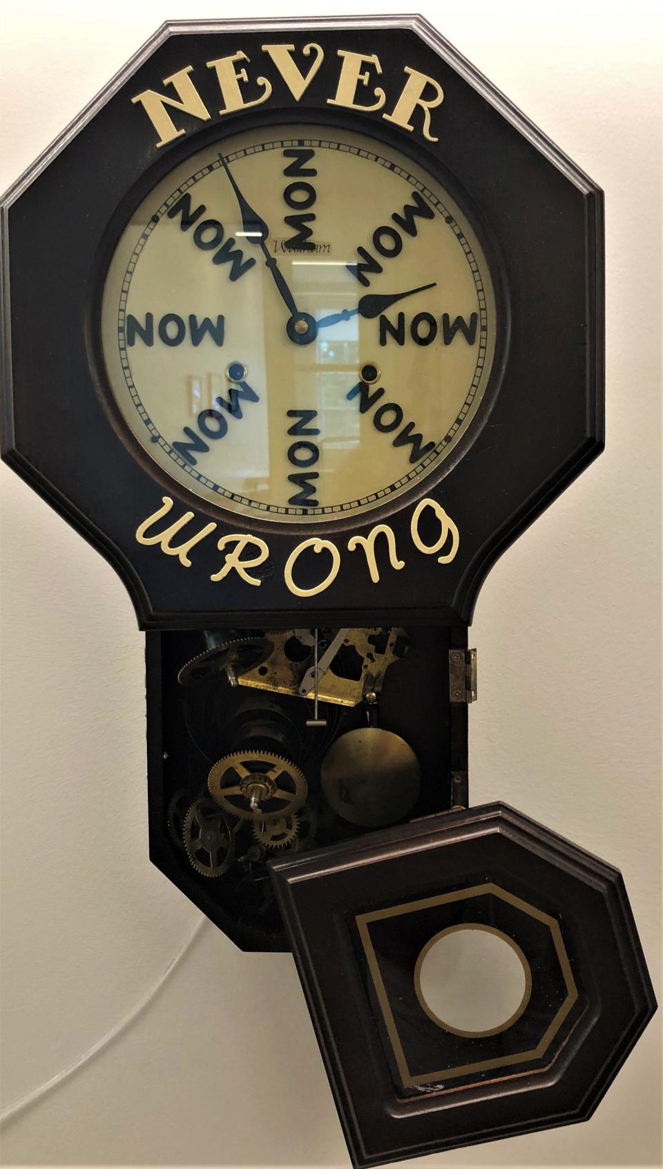 This numberless clock by Plymouth artist J. Dixon Bergman reminds us to live in the moment. It is on display at the Scituate Art Center.