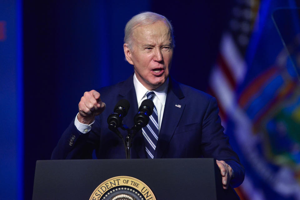 President Joe Biden delivers remarks on the CHIPS and Science Act at the Milton J. Rubenstein Museum in Syracuse, N.Y., Thursday, Apr. 25, 2024. (AP Photo/Adrian Kraus)