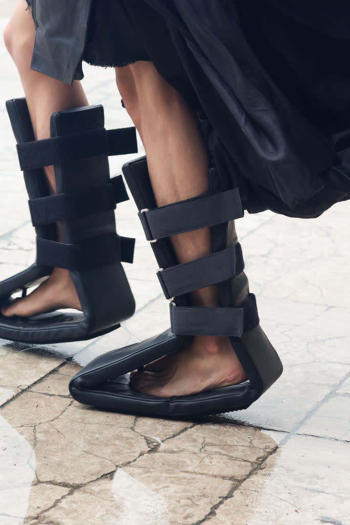 A model, shoe detail, walks the runway during the Rick Owens Menswear Spring/Summer 2024 show as part of Paris Fashion Week on June 22, 2023 in Paris, France. 