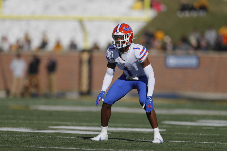 Florida defensive back CJ Henderson takes up his position during the first half of an NCAA college football game against Missouri Saturday, Nov. 16, 2019, in Columbia, Mo. (AP Photo/Jeff Roberson)