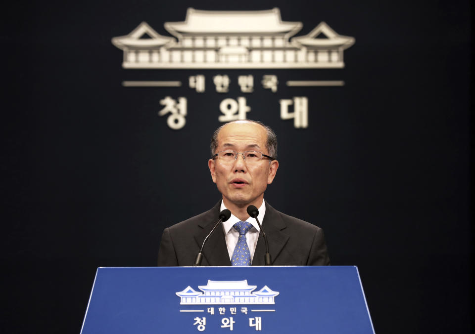 Kim You-geun, deputy chief of South Korea's presidential national security office, speaks during a press conference at the presidential Blue House in Seoul, South Korea, Friday, July 12, 2019. South Korea proposed an investigation by the United Nations or another international body as it continues to reject Japanese claims that Seoul could not be trusted to faithfully implement sanctions against North Korea. (Lee Yun-chung/Newsis via AP)