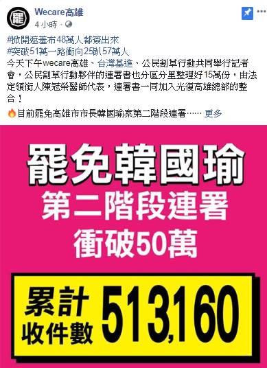 罷韓團體今宣布連署書突破51萬份。（圖／翻攝自Wecare高雄）