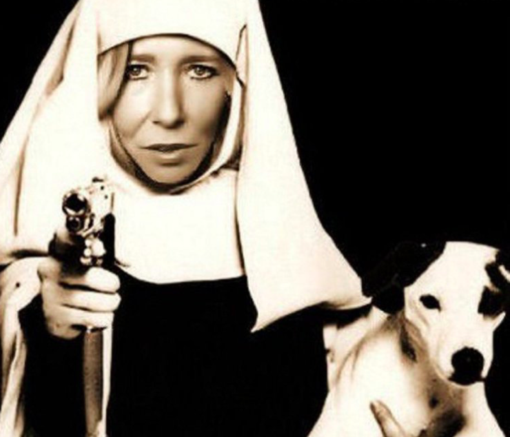 A photoshopped image of Sally-Anne Jones taken from her Twitter account dressed as a gun-toting nun (Twitter)