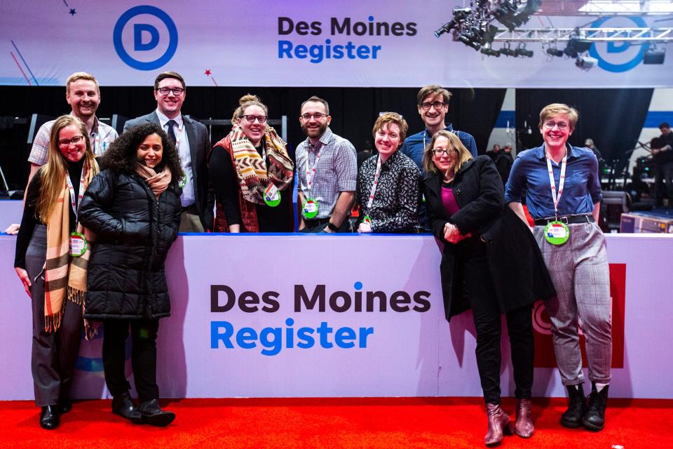 A portion of the Des Moines Register team that covered the Democratic debate on the Drake University campus. Back: Joseph Cress, Stephen Gruber-Miller, Kelsey Kremer, Zach Thompson, Robin Opsahl, Brian Powers. Front: Anna Spoerre, Barbara Rodriguez, Rachel Stassen-Berger, Katie Akin