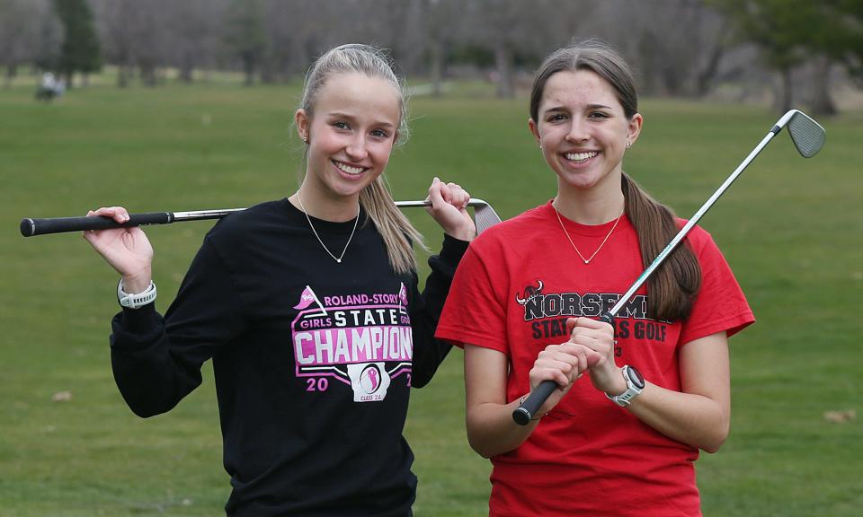 Sisters Makenna (left) and Brinley Carlson are the top two returning golfers on a deep and experienced Roland-Story girls golf team looking to repeat as 2A state champions in 2024.