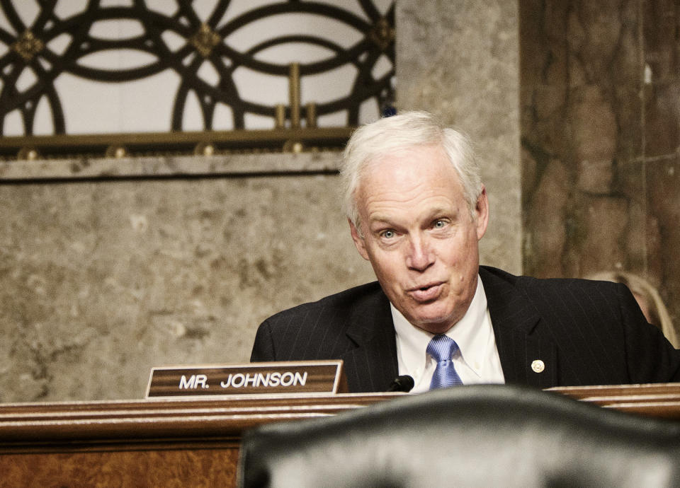 Senator Ron Johnson (R-WI) questions Zalmay Khalilzad,  special envoy for Afghanistan Reconciliation, at a Senate Foreign Relations Committee hearing on Capitol Hill in Washington, April 27, 2021, on the Biden administration's Afghanistan policy and plans to withdraw troops after two decades of war. (T.J. Kirkpatrick/AFP via Getty Images)