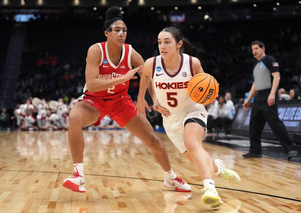 Virginia Tech's Georgia Amoore (5) dribbles the ball while defended by Ohio State's Taylor Thierry.